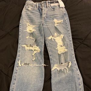 Hollister ultra high rise crop vintage straight ripped blue jeans size 0R W24